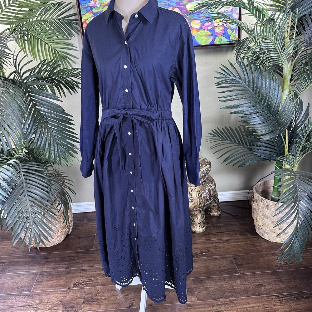 Free Assembly Women M Shirt dress midi Cotton Long sleeve Navy Eyelets crochet